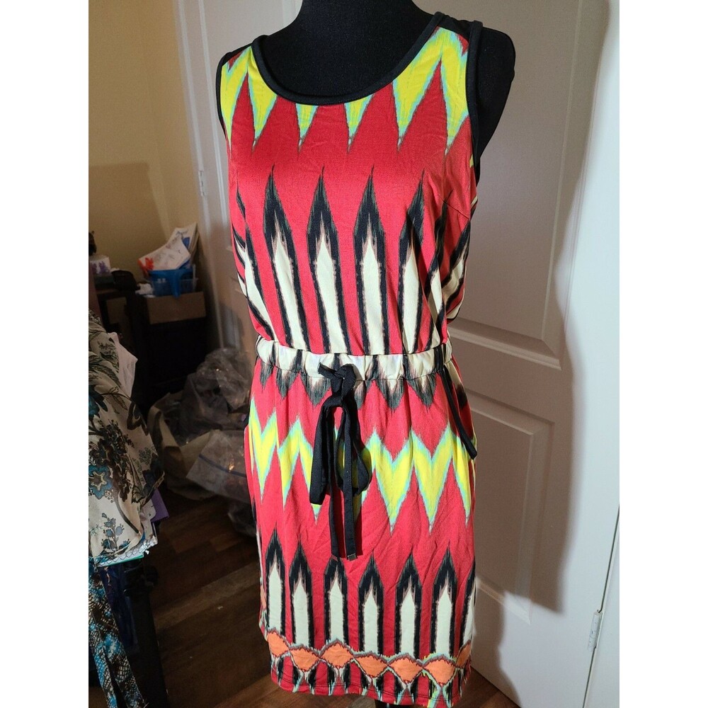 Nwt Eci New York Red Beige Striped no Sleeve Stretch Dress Women's pockets s